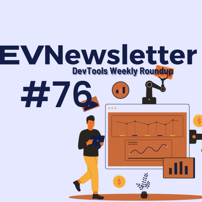 DEVNewsletter DevTools Weekly Roundup #76. A digital illustration featuring a person using a tablet, a robotic arm, and a computer screen displaying graphs and charts, representing AI and automation in developer tools.